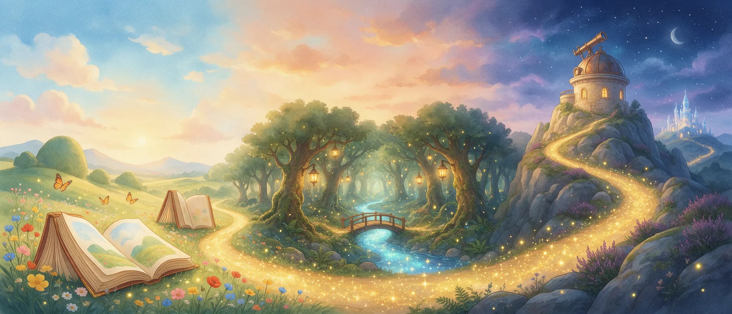 A golden path runs from a meadow of picture books, through a forest of lanterns, to an observatory on a hill